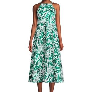 Tropical Green Leaf Print Linen Dress